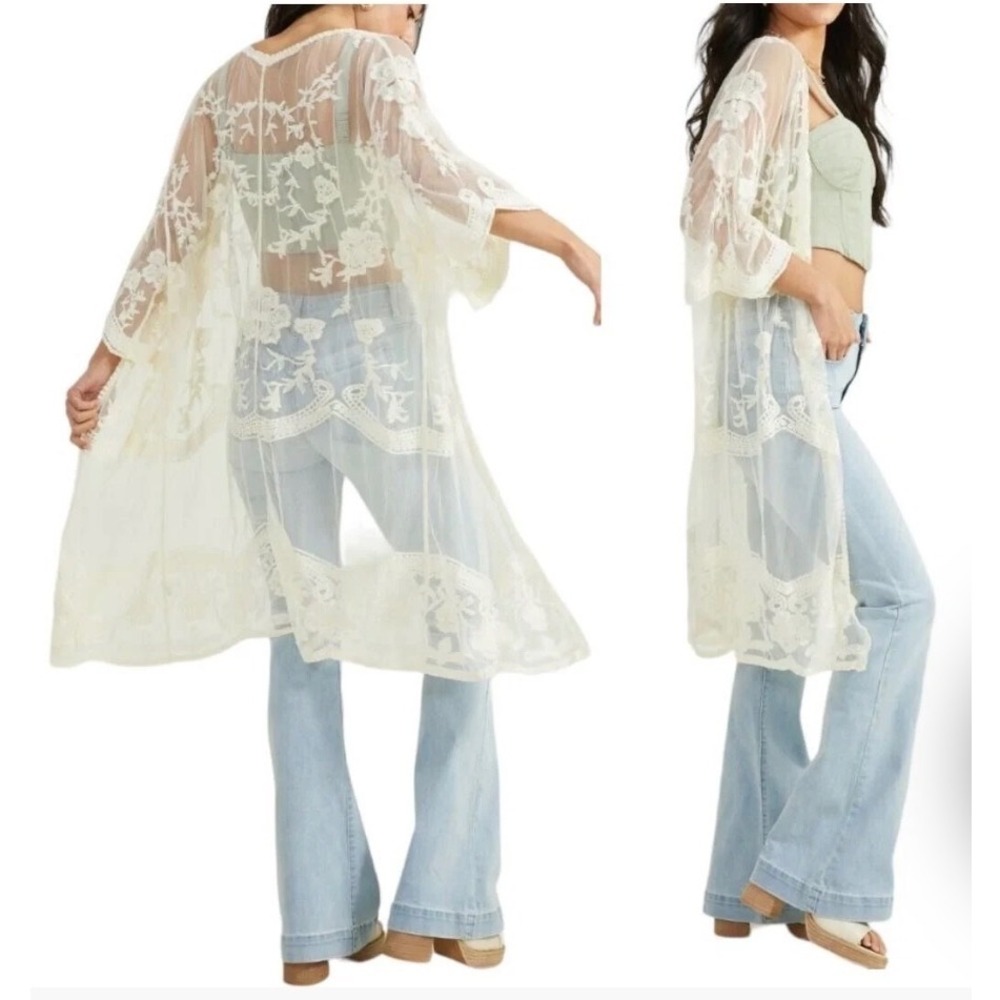 Adiva Kimono Duster Women Large Cream Sheer Floral Lace Mesh Coverup Boho Fairy